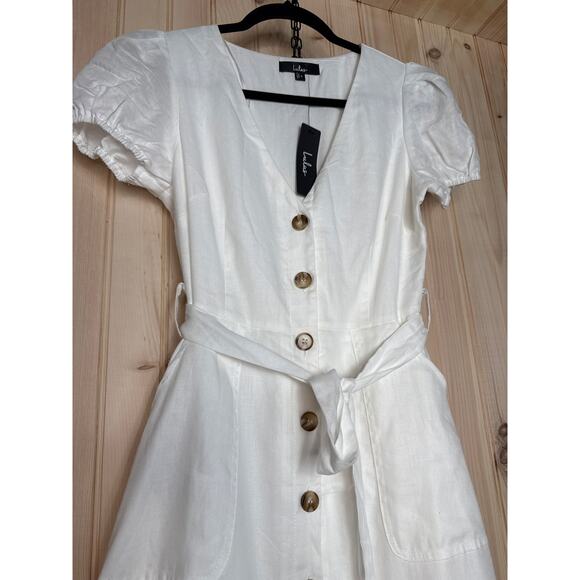 NWT Lulus Sicily Sweetheart White Button-Front Puff Sleeve Midi Dress Size S - Picture 4 of 7